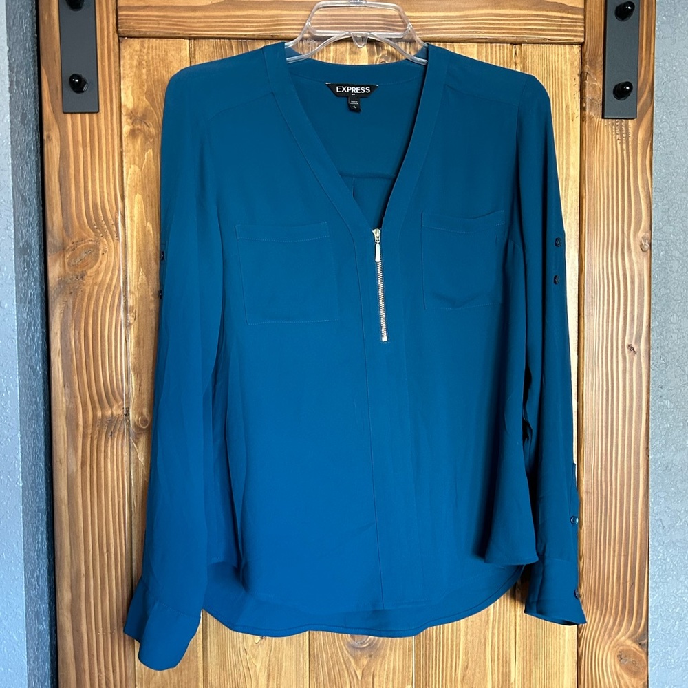 Teal half zip blouse